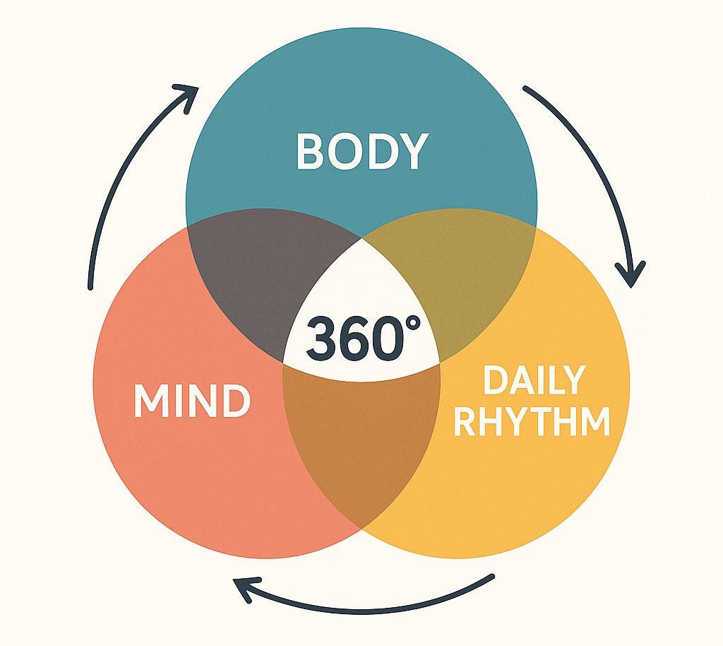 Diagram showing three interconnected layers: body, mind, and daily rhythm, forming a 360° life model.