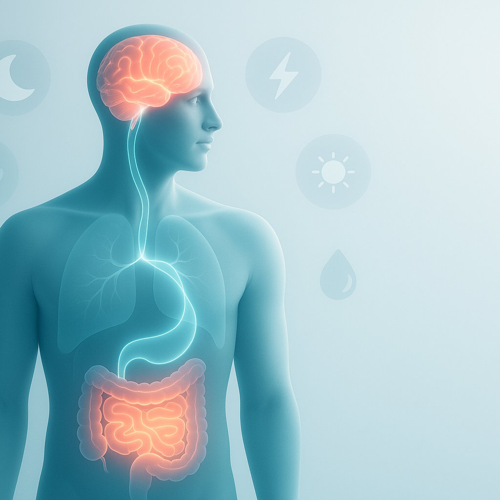 Illustration of a human silhouette showing a stylized gut and brain connected with gentle lines.