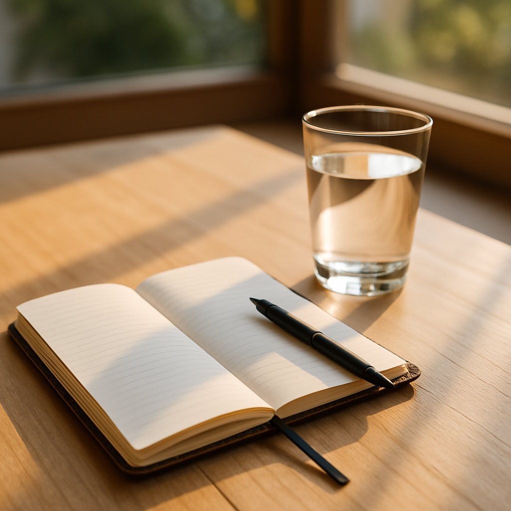 Calm morning scene with notebook, glass of water and soft light, symbolising a balanced 360° lifestyle.